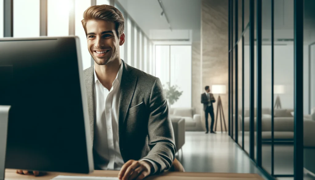 Scene of a man working at his computer in his office