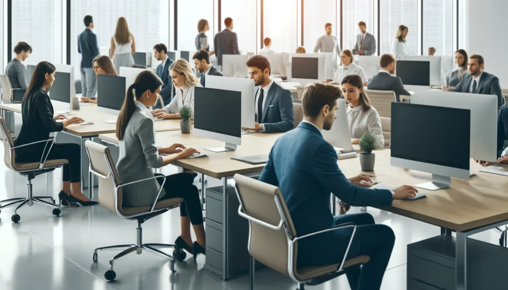 Scene of an office with several people working on their computer
